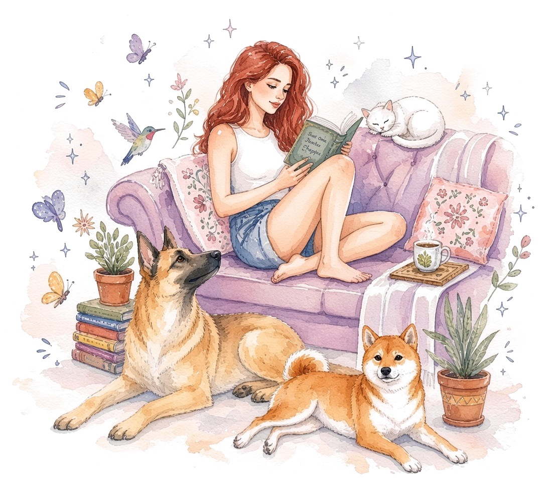 Bren leyendo en un sillón lila con Simona, la gata blanca, dormida en el respaldo, y Kuma, la pastor belga malinois, y Kira, la shiba inu, recostadas a sus pies